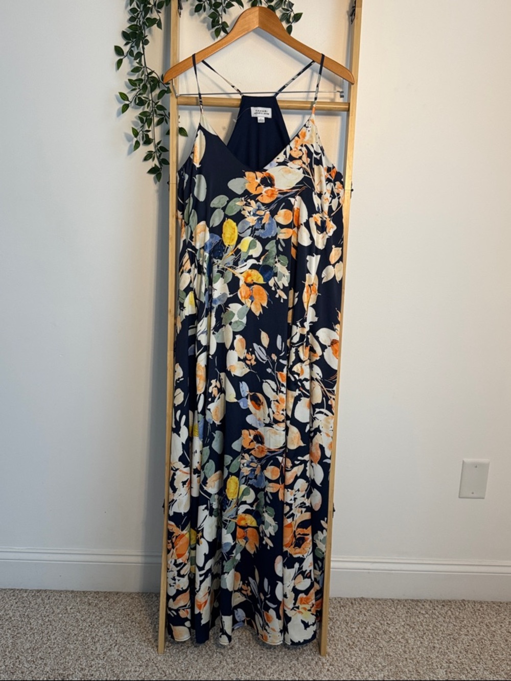 Tahari ASL Floral Racerback Boho Whimsigoth Maxi Dress with Pockets Navy Blue L